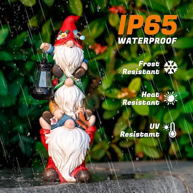 twinbling Garden Gnome Statue with Solar Lights Garden Sculptures Funny Triple Gnome Outdoor Patio Lawn Yard Balcony Home Decor Birthday Gift for Woman Grandma 12 in Spring Gnomes