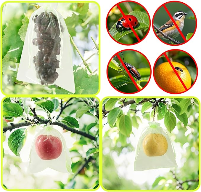 100PCS Fruit Protection Bags with Drawstring, 8x12 Inch Green Organza Produce Bags for Fruit Trees, Mesh Netting for Garden Protection