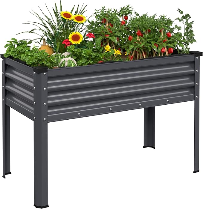 MUPATER Galvanized Steel Raised Garden Bed with Legs, 48" L x 24" W x 32" H Large Metal Elevated Raised Planter Box with Detachable Black Liner for Backyard, Garden, Balcony, Gray