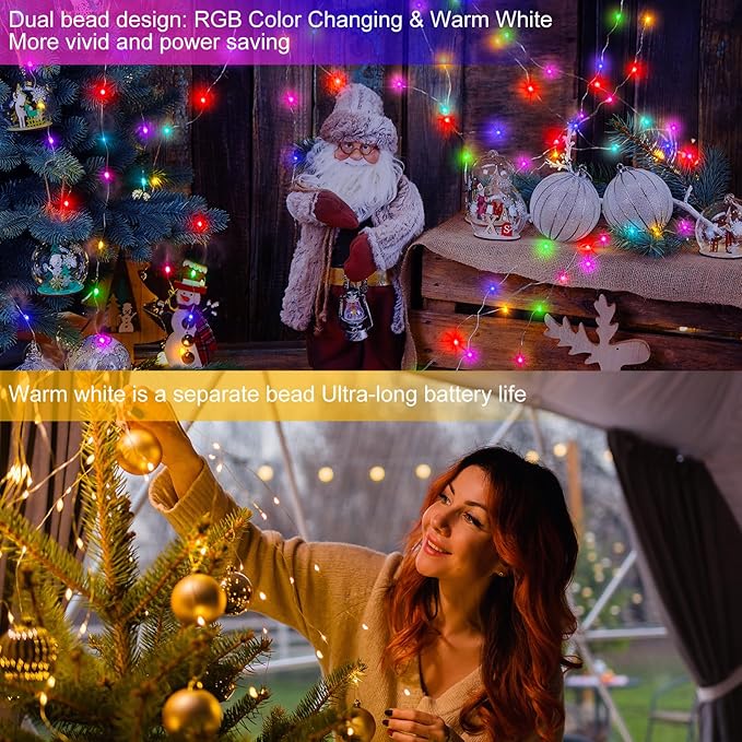 2 Pack Fairy Lights Battery Operated, 66Ft 200 LED RGB Color Changing & 2700K Warm White Twinkle Lights with 150 Scence Modes Silver Wire Mini Light for Bedroom Garden Wedding Decor