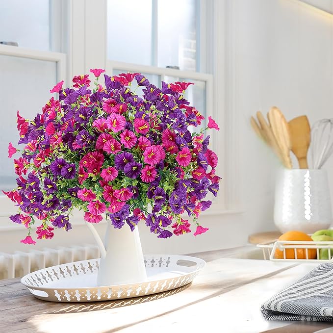 Artificial Flowers for Outdoors 12 Bundles Realistic Faux Plants UV Resistant Fake Silk Morning Glory with Eucalyptus for Front Door Planter Patio Porch Spring Summer Decoration (2 Mixed Color)