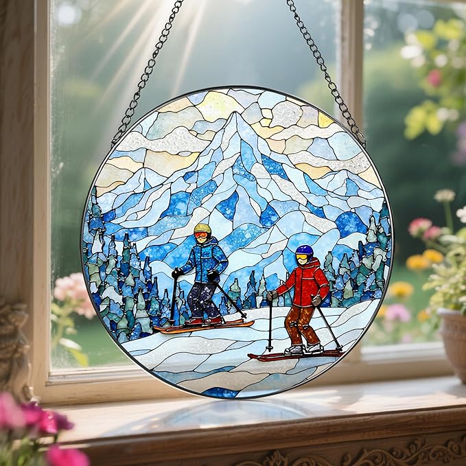 LAOWEIKI 8'' Snowy Mountain Skiers Sun Catcher Ornament, Stained Glass Window Hanging, Sun Catchers for Windows Hanging Ornaments, Window Decor | Ideal Gift, Gift Exchange, Gifts for Skiers
