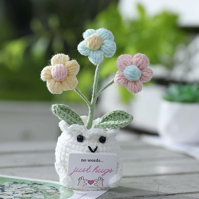 YOOJEE Crochet Sympathy Gifts for Loss of Loved One – No Words, Just Hugs Crochet Puff Flower Plant– Bereavement, Memorial, Get Well Soon, Grief Gift Idea for Loss of Grandpa Grandma Mom Dad