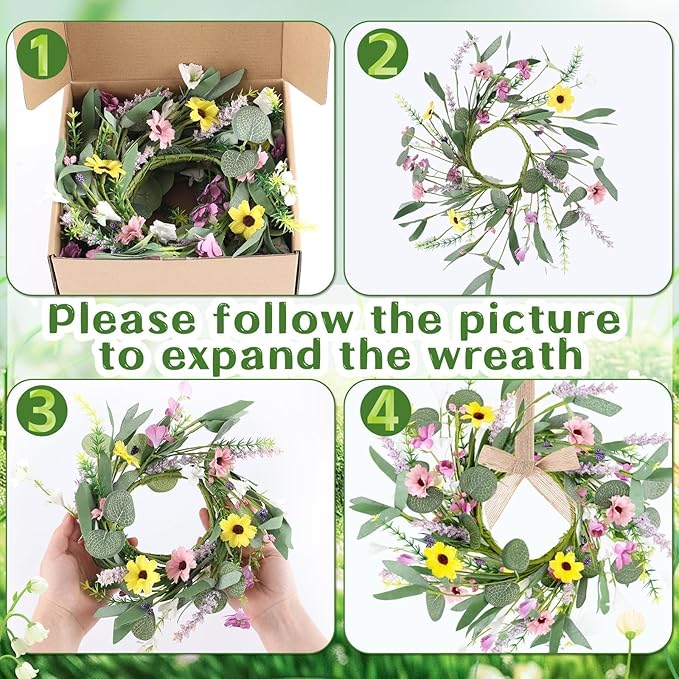 6 Pcs 9" Small Spring Wreath for Kitchen Cabinet Floral Wedding Candle Rings Wreaths Spring Summer Wildflower Wreath with Ribbon for Pillars Front Door Porch Wall Window Farmhouse Party Home Decor