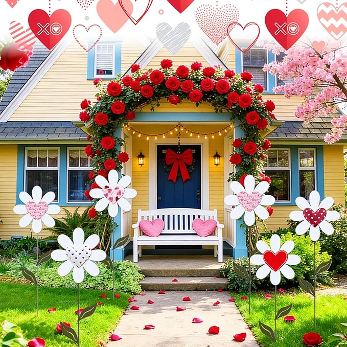 Nuanchu 5 Pcs 27.4" Metal Valentine's Day Yard Signs Valentine Yard Sign Stake Waterproof Love Heart Flower Lawn Signs Valentine Outdoor Decorations for Outside Garden Patio Pathway Home Decor