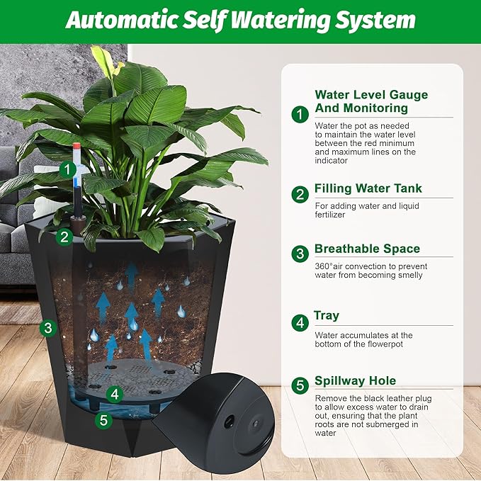 Set of 2 Tall Planters for Outdoor Plants, 16" Large Planter Pots with Drainage Holes & Water Level Monitor, Self-Watering Flower Pots for Patio, Porch, Garden, Front Door Decor, Indoor Outdoor