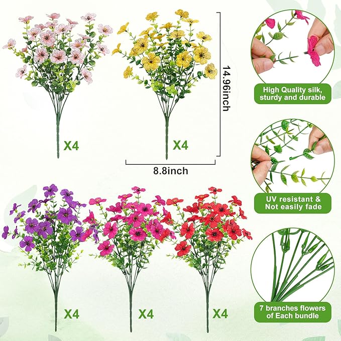 Besteek 20 Bundles Artificial Flowers for Outdoors Decoration Fake Silk Flowers UV Resistant Faux Plants Artificial Daisy Eucalyptus for Spring Summer Garden Yard Porch Window Home Decor, Mix Colors