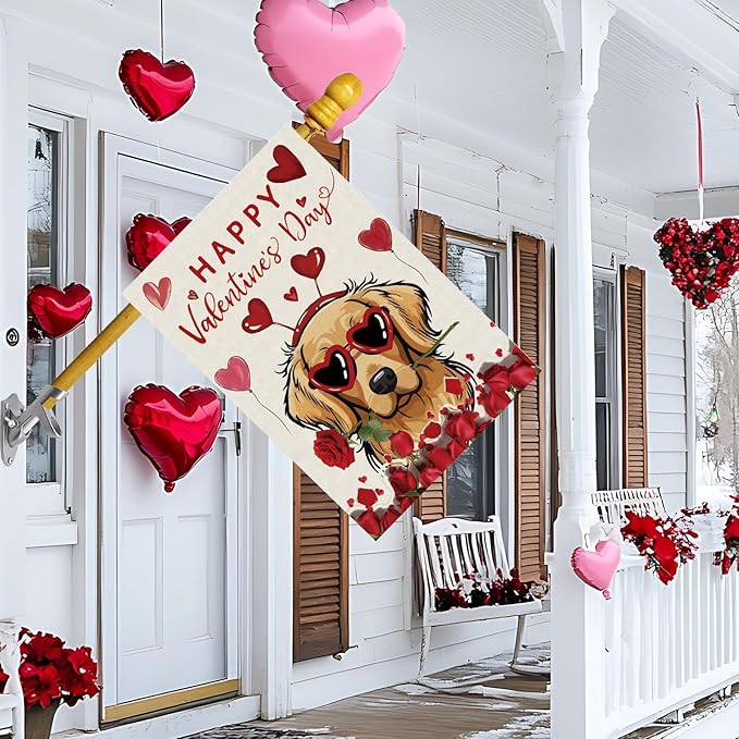 Happy Valentine’s Day Romantic Roses Love Hearts Balloon Dog House Flag Big Large Burlap 28X40 Inch Vertical Double Sided Outside Yard Holiday Outdoor Farmhouse Decoration
