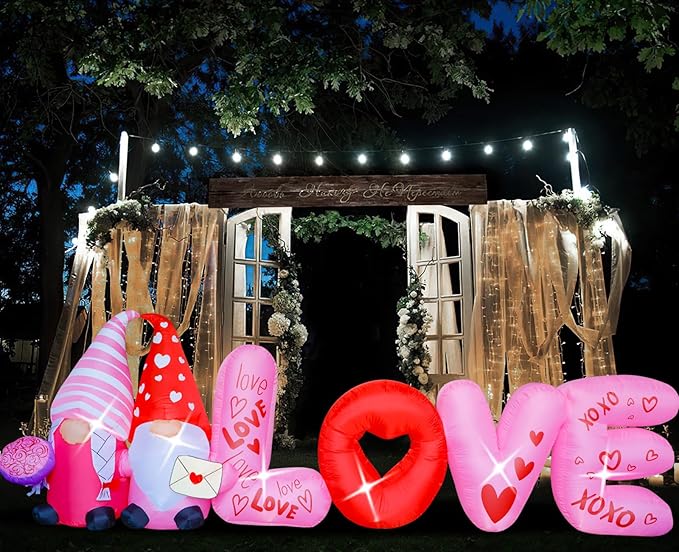 12FT Valentine Inflatables Outdoor Decorations-Love Valentines Day Inflatable Gnome Hold Rose Blow Up Yard Decorations with LED Lights Spring Outside Holiday Party Garden Lawn Decor