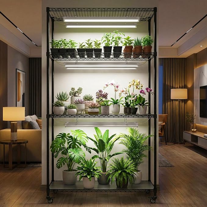 Plant Stand with Grow Lights, 4-Tier Plant Shelf, 6 Sets 3-Color LED Grow Light with Timer, Wide Plant Rack for Indoor Gardening, Seed Starting, Herbs & Flowers, 36" W x 14" D x 63" H