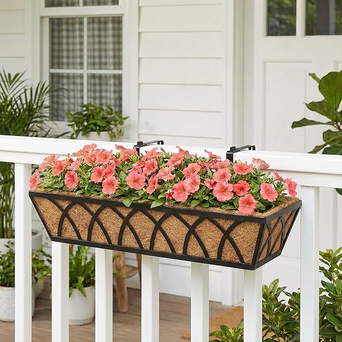 24 Inch Window Deck with Coco Liner, 24" Window Boxes Horse Trough with Coconut Coir Liner, Fence Metal Hanging Flower Planter Window Basket Deck Railing Planter Boxes for Outdoor Garden Lawn, 2pcs