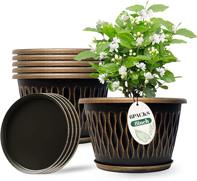 Usocik 6 Pack 8 Inch Retro Plant Pots, Vintage Striped Flower Pots with Drainage Hole & Saucer, Large Plastic Planters for Indoor and Outdoor Plants, Decorative Garden Pots(Gold)