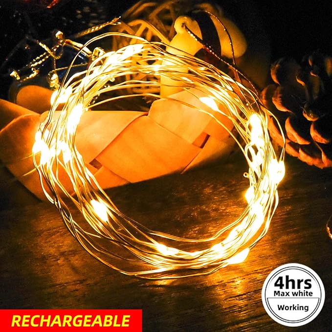 2Packs 16FT 100LEDs Rechargeable Fairy Lights,Remote Control,3 Off Timers,Detachable Battery Operated,Tangle-Free Camping String Light,Twinkle for Christmas,Party,Wedding(Cool+Warm White)