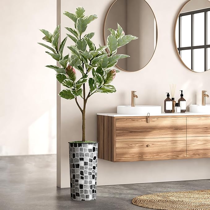 Artificial Tree in Modern Geometric Pattern Planter, Fake Rubber Silk TRE for Indoor and Outdoor Home Decoration - 70" Overall Tall (Plant Pot Plus Tree)
