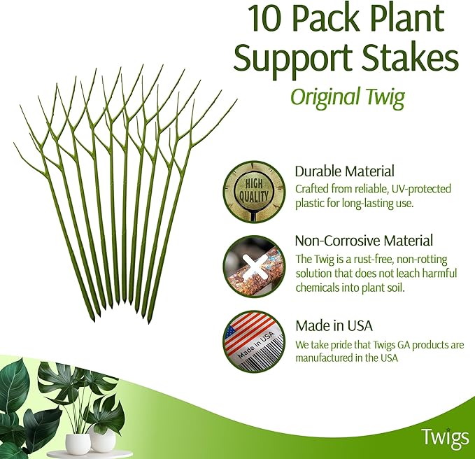 Twigs GA - Plant Support Stakes for Indoor & Outdoor Use, Durable Trellis Alternative for Climbing & Potted Plants, Houseplant Stem Holder Structures - Peony (Light Green), 10 Pack, 22" L, Original