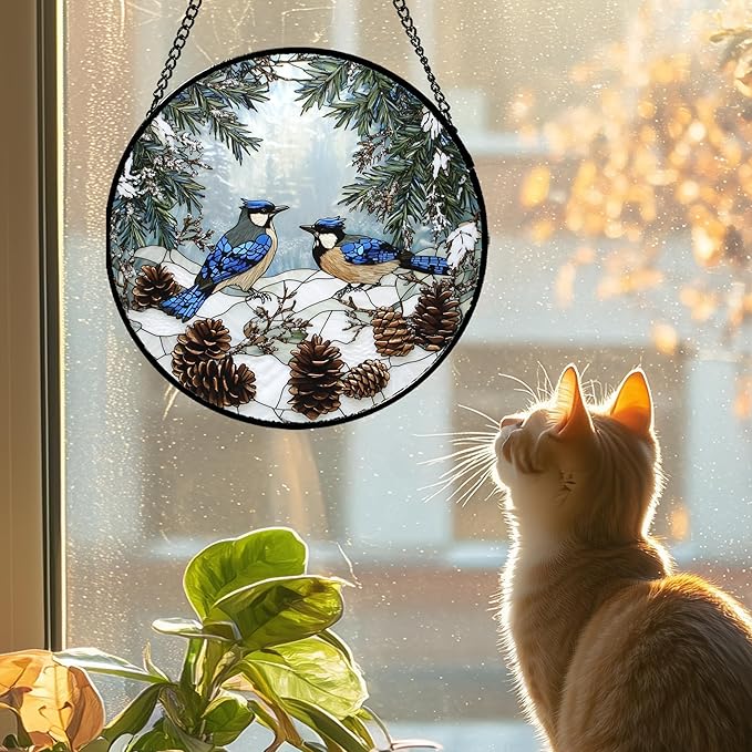 HWRHTR Stained Glass Window Hanging - Blue Bird Winter Forest Landscape Suncatcher for Door Garden Yard Sun Catchers Decor Christmas Mother's Day Birthday Gifts for Women Mom Nana Friend 9.8 in