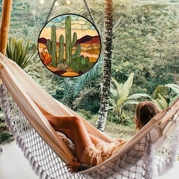 JOSUMALY Stained Glass Window Hanging, Green Cactus Sun Catcher for Door Terrace Garden Home Decor, Abstract Desert Landscape Suncatcher Birthday Gifts for Lovers Women Men Dad Mom Nana 9.8 in