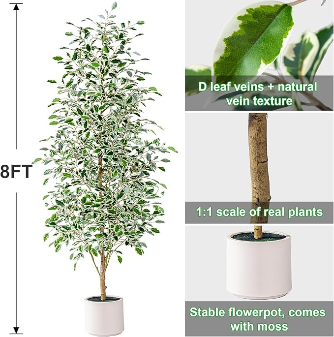 8FT Artificial Ficus Trees Indoor Faux Trees Indoor Fake Floor Plants Tall Artificial Tree with White Pot Faux Tree Fake Indoor Tree Silk Plants Artificial Trees for Home Decor Indoor