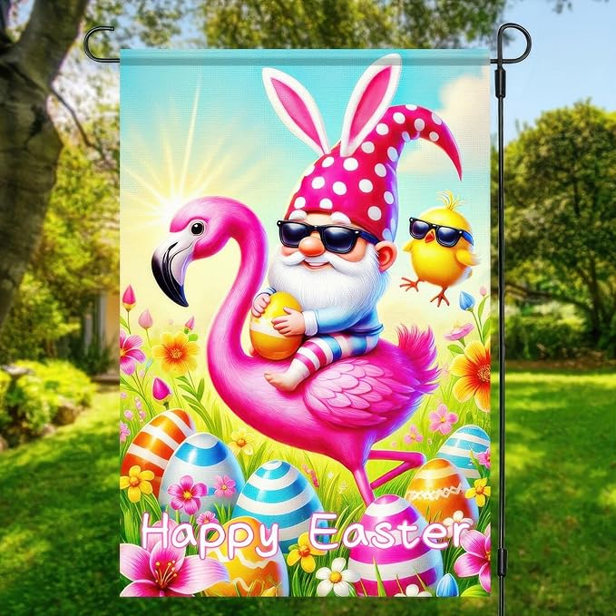 Happy Easter Garden Flag 12x18 Inch Double Sided Gnome Flamingo Bunny with Easter Egg Design Small Outdoor Yard Flag Spring Easter Welcome Banner for Porch Lawn Patio Garden Decor