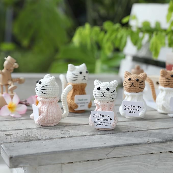 YOOJEE Positive Crochet Animals Cat – “Never Forget The Difference You Make” Valentines Day Inspirational Thank-You and Appreciation Gift for Women Teacher Mom Friend Coworker Mini Crochet Desk Decor