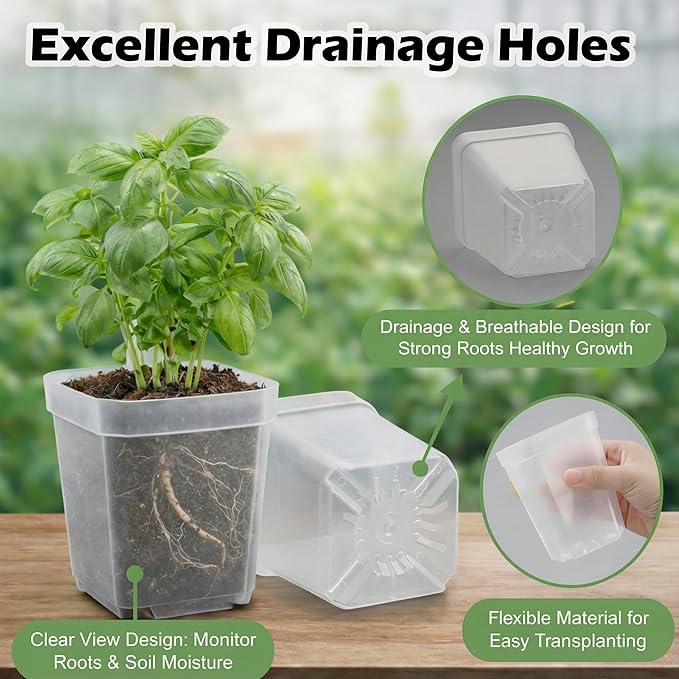 RooTrimmer 120 Packs Square Clear Nursery Pots with Drainage, 2.7 Inch Plastic Seedling Pots for Indoor Plants, Thickened Small Transplant Pot for Seed Starting Succulents Vegetables Lettuce Flowers