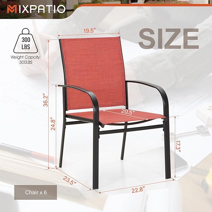 6 Pieces Outdoor Textilene Dining Chairs,Patio Dining Chairs Set, Fixed Patio Chairs with Armrest, Red