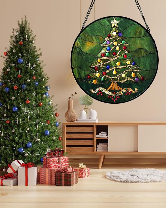 Stained Glass Window Hanging - Green Christmas Tree with Colorful Lights Suncatcher for Doors Home Christmas Decoration Sun Catcher Thanksgiving New Year Birthday Gifts for Women Men Mom Nana 9.8 in