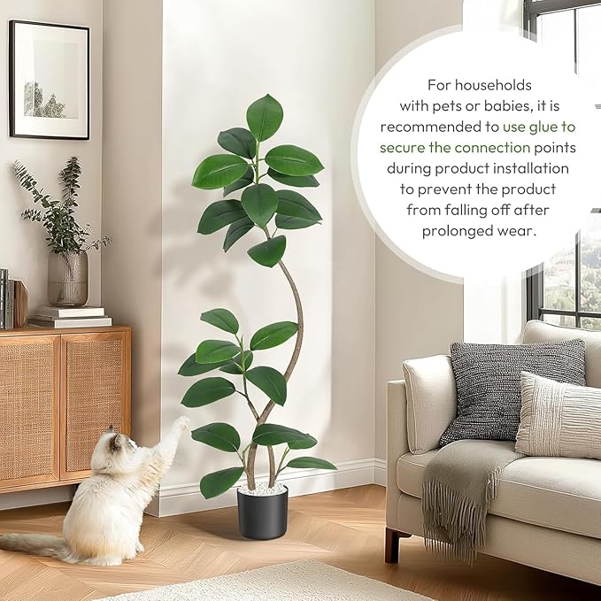 Artificial Rubber Tree for Home Décor – Tall Faux Fiddle Leaf Fig with Real Touch Leaves – Black or White Planter & White Stones – Lifelike Exotic Indoor Floor Plant – 7FT