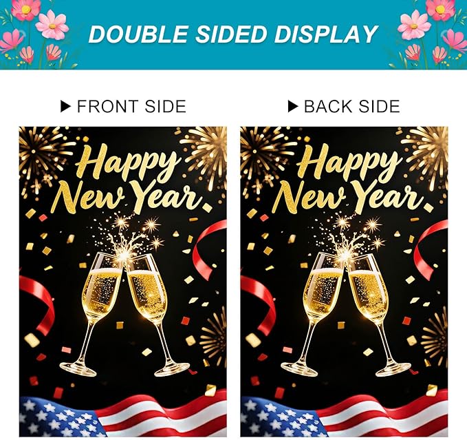 Happy New Year House Flag 28x40 Inch Champagne Glasses Fireworks and American Flag Design Garden Flag Patriotic Holiday Outdoor Yard Decoration Banner for Home Porch Lawn