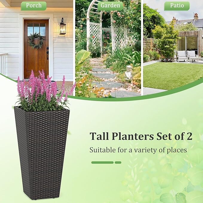 Giantex Set of 2 Outdoor Wicker Flower Pot, 30 Inch Tall Planters with Drainage System, PE Rattan Flower Pots, Indoor Outdoor Decoration for Front Porch Balcony Entryway, Dark Brown