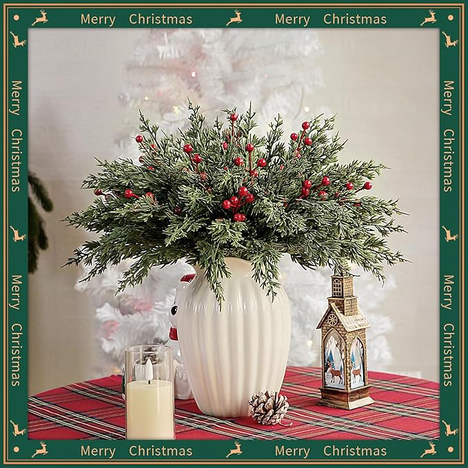 40 Pcs Artificial Pine Branches with Red Berry Picks 11" Winter Christmas Greenery Fake Juniper Leaves Norfolk Pine Stems Needles for DIY Craft Wreath Garland Vase Filler Home Decoration (40, Green)