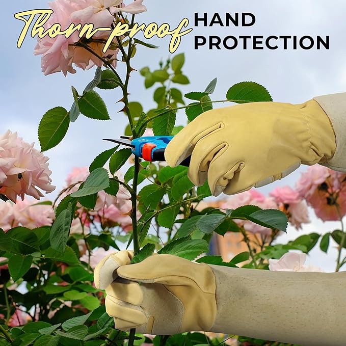 HANDLANDY Rose Pruning Gardening Gloves for Men Women, Thorn Proof Forearm Protection Leather Garden Gloves, Gardening Gifts for Gardeners (Beige- goatskin, Small (Pack of 1))