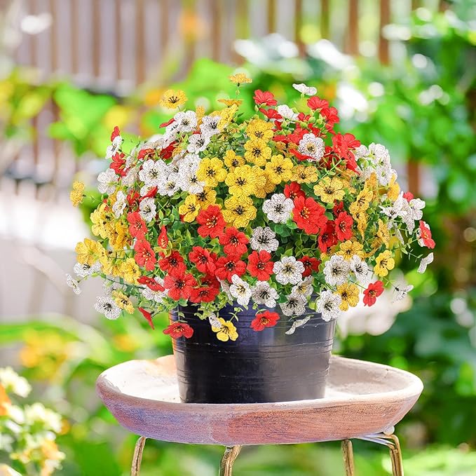 Artificial Spring Flowers Outdoors Faux Plants UV Resistant Plastic Flowers Outdoors Fake Greenery Plants Outside for Garden Porch Planters Silk Flowers Daisy Decor, 12 Bundles (Mix White Yellow Red)
