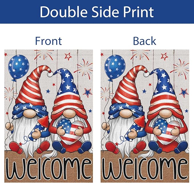 4th of July Garden Flag 12x18 Double Sided Vertical Small Burlap Welcome Patriotic Gnome Independence Day Memorial Day Yard Outdoor Decoration