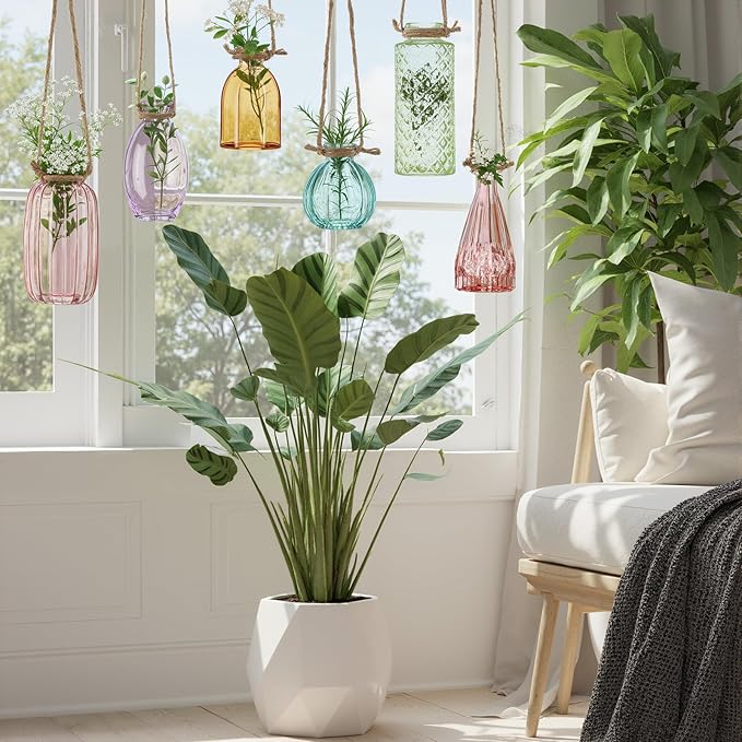 Teecyhooo 6 Pcs Stained Glass Hanging Vases Colorful Glass Terrariums with Rope Small Hanging Planters Pot Containers for Air Plants Flowers Garden Home Wedding Decor(Colorful Series)