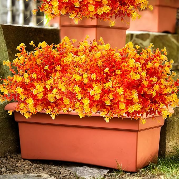 Grunyia 12 Bundles Artificial Fall Flowers No Fade Faux Autumn Plants, Fake Indoor Outdoor Greenery Decorations for Thanksgiving Christmas Wedding Party Home Garden Fireplace Décor (Fall Orange)