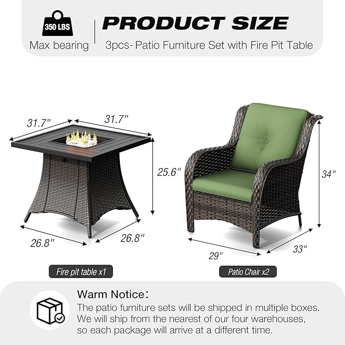 Joyside 3 Piece Wicker Patio Furniture Set with Fire Pit Table, Rattan Patio Chairs with High Back, Deep Seating, Wide Armrest, Thickened Cushions, Outdoor Furniture for Deck, Porch Use