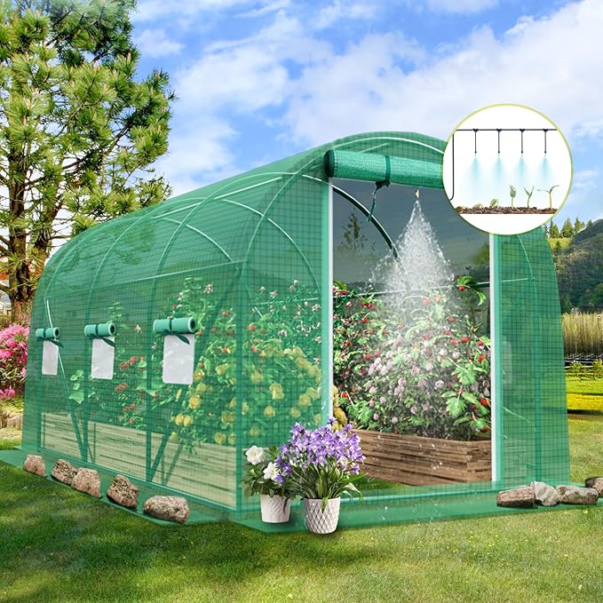 10x7x7 FT Greenhouse for Outdoors with Watering System, Winter Portable GreenHouses with Dual Zippered Door and 6 Roll-up Windows, Large Walk-in Green Houses with Heavy Duty Reinforced Frame