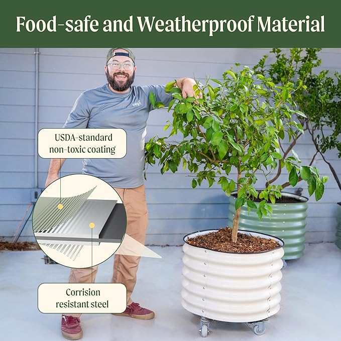 Rolling Metal Citrus Tree Planter Pot, 27″ Round Planter Box for Porch Patio & Backyard, 45 Gallon Large Planter Pot with Wheels for Growing Trees Tomatoes Vegetables and Flowers, Olive Green