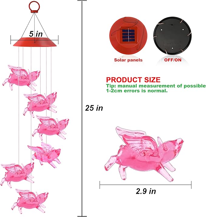 Outdoor Solar Flying Pig Wind Chimes Lights for Home/Garden/Rooms/Patio/Indoor/Outside Decor, Memorial Wind Catcher,Color Changing Waterproof Blessing Wind Bells Gifts for Mom, Women,Grandma,Family