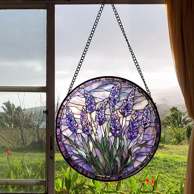 JOSUMALY Stained Glass Window Hanging - Purple Flowers Suncatcher for Door Terrace Garden Home Decor Lavender Plant Floral Sun Catcher Birthday Gifts for Lovers Women Men Dad Mom Nana 6.3 in