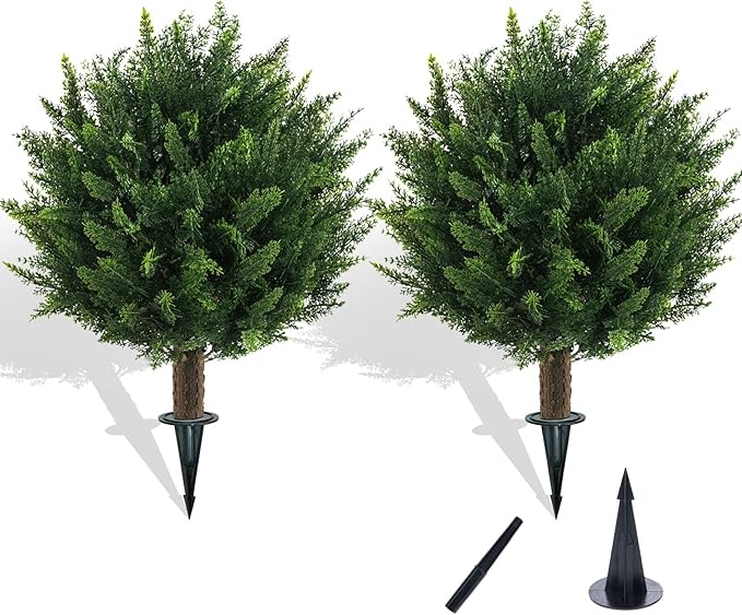 Chillchard 21" Artificial Cypress Topiary Outdoor Plants with Spike, 2 Pack Faux Cedar Bushes UV Resistant Fake Shrubs for Front Porch Décor