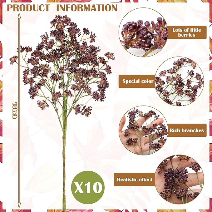 10 Pcs Plum Faux Berry Stems Artificial Dusty Sedum Berry Stems Picks Branches Faux Spray for DIY Holiday Farmhouse Home Mantel Harvest Decorations (16 Inch)