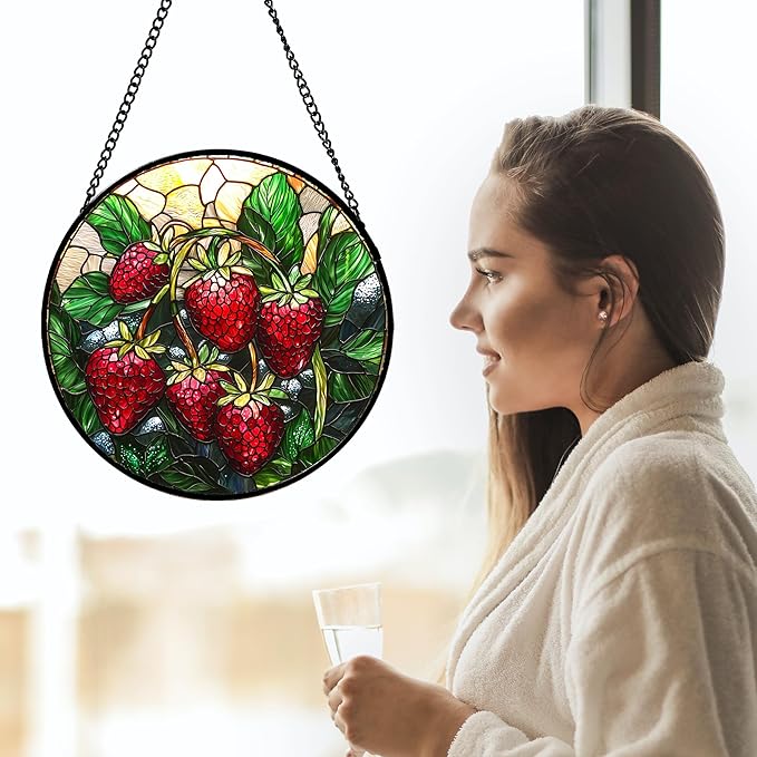 AMDERVEN Stained Glass Suncatcher, Red Strawberry Green Leaf Sun Catcher Silver Background Stain Glass Window Hanging Decoration Mother's Day Birthday Gifts for Women Men Mom Nana 15 in
