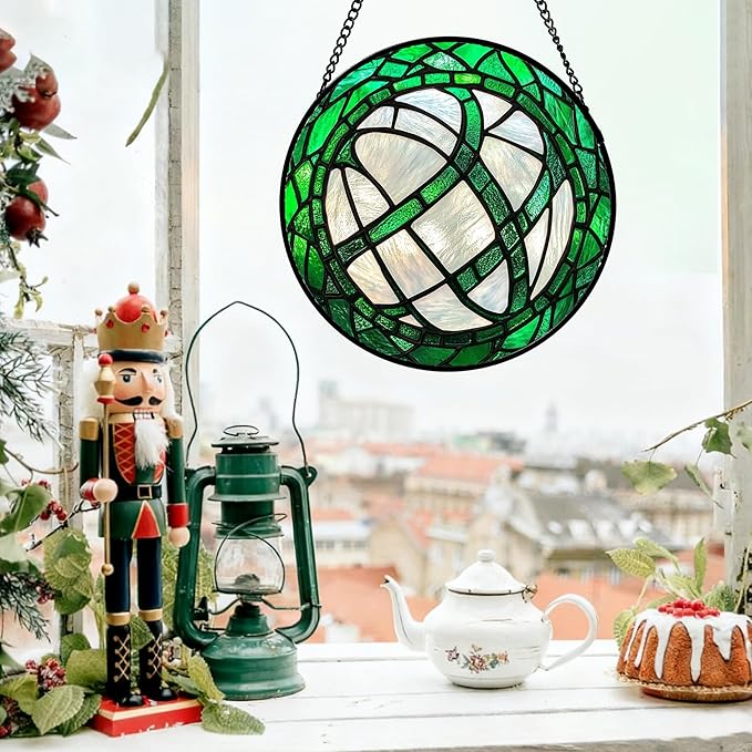 QZQCBLC Stained Glass Window Hanging Green Plants Large 15" - Abstract Suncatcher Door Garden Sun Catcher Home Ireland Decor Birthday Mother's St Patrick's Day Gifts for Mom Men Woman Wife Friends