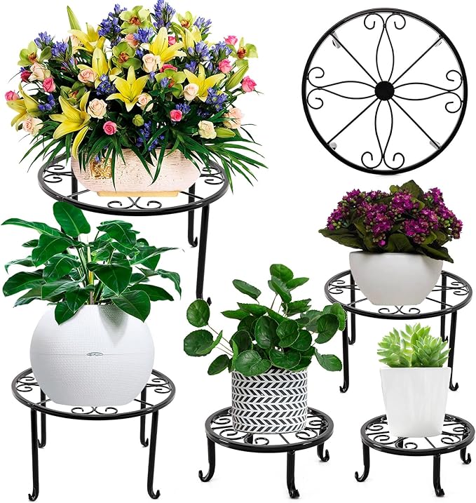 NSYOOMH 5 packs Rustproof Metal Plant Stands for Multiple Plant, Heavy Duty Plants Holder Outdoor Indoor, Round Wrought Iron Flower Planter Pot Stand, Corner Gardening Pumpkin Stand Black