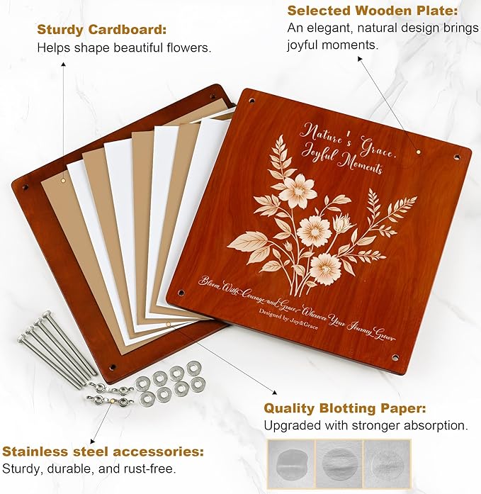 Joy&Grace Large Flower Press Kit for Adults & Kids with Designed Cover and DIY Album, 10.9" x 10.9" 10 Layers Plant Press and Plant Drying Toolkit, Flower Preservation Kit (Color Box, Mahogany Color)