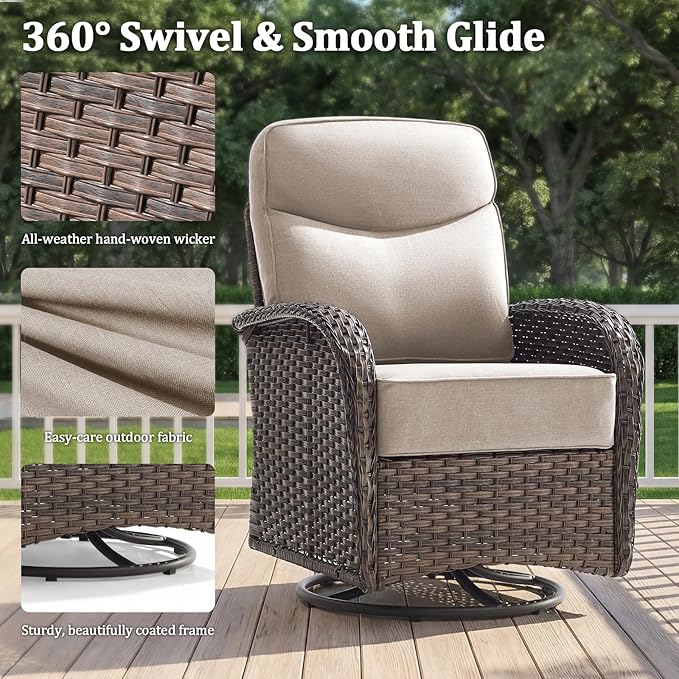 Outdoor Swivel Rocking Chair Patio Set (6PCS), High-Back - Thick Cushion Swivel Rocking Chair Patio Set, All-Weather Wicker Patio Furniture Set, Suitable for Balcony Patios, Brown/Beige