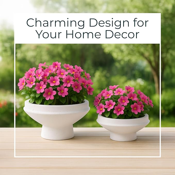 Set of 2 Decorative Planter Pots – Resin Cement Fiberglass Plant Holders with Contemporary Shapes – Indoor Outdoor Modern Garden Pots for Living Room, Entryway, or Patio – 8" & 6", White