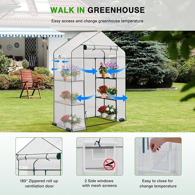 Yesker Greenhouse 57"x29"x77" Walk in Green House - Large Outdoor/Indoor Greenhouses with 4 Shelves Waterproof PE Cover & Windows, Portable Greenhouse Kit for Winter Backyard Gardening Patio, White